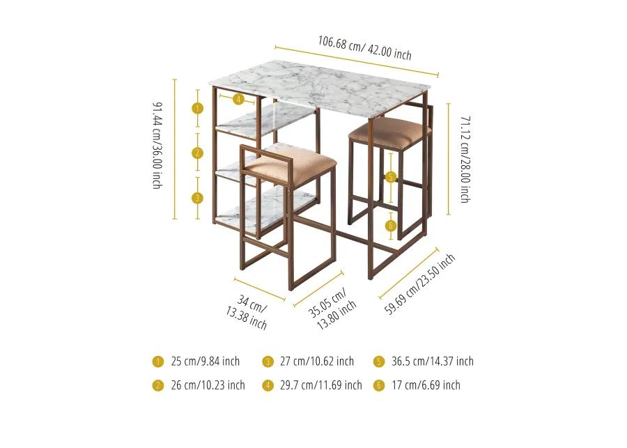 Teamson Home - Marmo  Breakfast Table Dining  Set with Faux Marble Top, Brass Finish