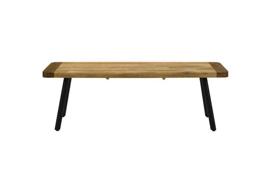 Mia 53 Inch Bench, Sheesham and Mango Wood Seat, Black Iron Legs, Brown  - Benzara