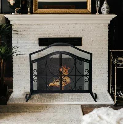 43 Inches 2 Door Iron Fireplace Screen, Mesh Design, Scrollwork, Black-Benzara