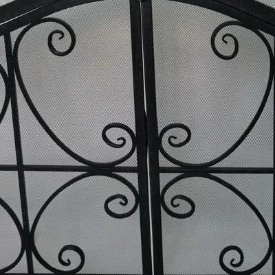 43 Inches 2 Door Iron Fireplace Screen, Mesh Design, Scrollwork, Black-Benzara