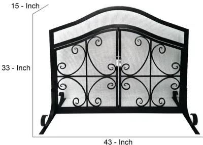 43 Inches 2 Door Iron Fireplace Screen, Mesh Design, Scrollwork, Black-Benzara