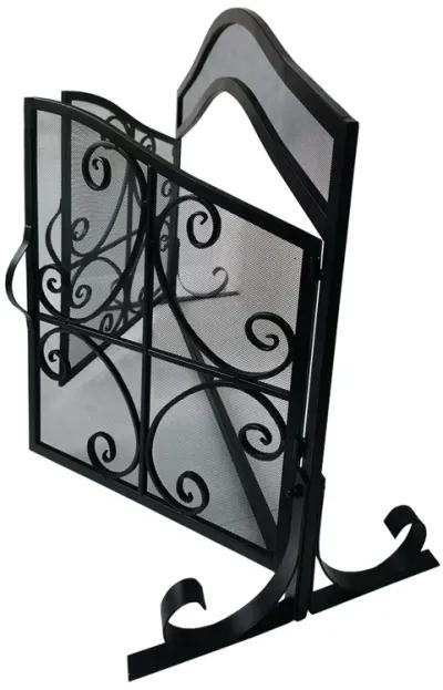 43 Inches 2 Door Iron Fireplace Screen, Mesh Design, Scrollwork, Black-Benzara