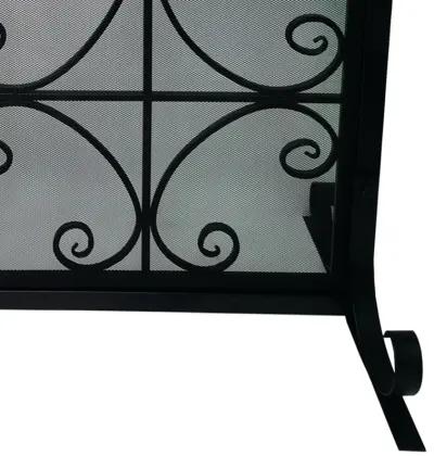 43 Inches 2 Door Iron Fireplace Screen, Mesh Design, Scrollwork, Black-Benzara