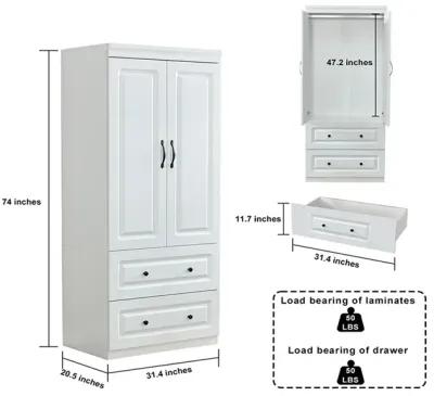 Wardrobe Closet with 2 Doors Wood Armoire Wardrobe Closets Cabinet Wardrobe Cabinet White Storage Cabinet Bedroom Armoires with Hanging Rod 2 Drawers