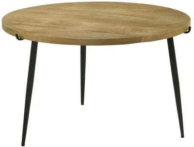 Benjara Pia 30 Inch Coffee Table, Mango Wood Top, Round, Iron Tripod Legs, Brown, Black