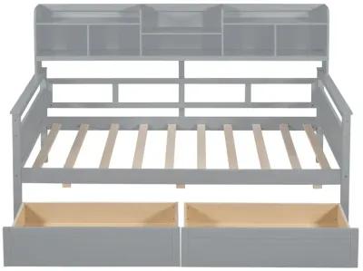 Twin Size Daybed, Wood Slat Support, With Bedside Shelves And Two Drawers