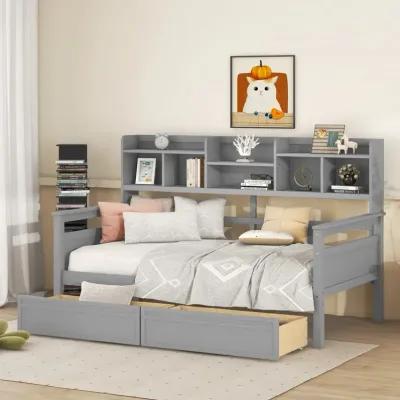 Twin Size Daybed, Wood Slat Support, With Bedside Shelves And Two Drawers