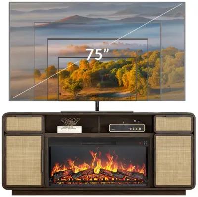 BELLEZE 68" TV Stand for TV Up to 75", Entertainment Center with 36" Electric Fireplace Heater, Rattan Decorated Console Table Storage Cabinet for Living Room, Bedroom - Bower(Brown)