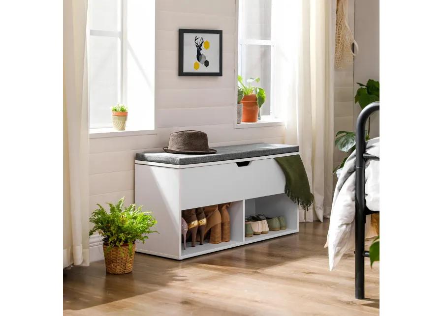 Shoe Bench, Storage Bench with 2 Open and 1 Closed Compartments, Shoe Shelf, Padded Seat, for Entryway, Living Room, Bedroom, White and Gray ULHS21WT