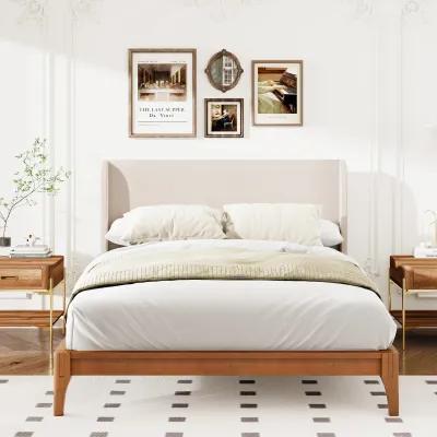 Merax Bamboo Wood Platform Bed with Upholstered Headboard