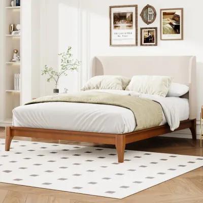 Merax Bamboo Wood Platform Bed with Upholstered Headboard