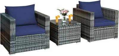 3 Pieces Patio Rattan Furniture Bistro Sofa Set with Cushioned