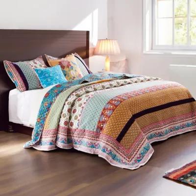 Sama 5 Piece Reversible Full Quilt Set, Floral Print Patterns, Multicolor - Benzara