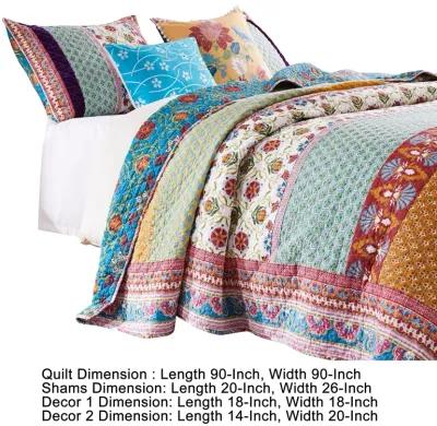 Sama 5 Piece Reversible Full Quilt Set, Floral Print Patterns, Multicolor - Benzara