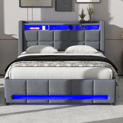 Merax Upholstered Platform Bed with LED and USB Charging