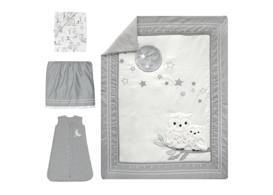 Lambs & Ivy Luna White/Gray Celestial Owl 4-Piece Nursery Baby Crib Bedding Set