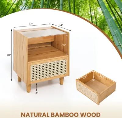 Hivvago 2 Pieces Bamboo Rattan Nightstand with Drawer and Solid Wood Legs