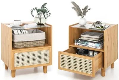 Hivvago 2 Pieces Bamboo Rattan Nightstand with Drawer and Solid Wood Legs