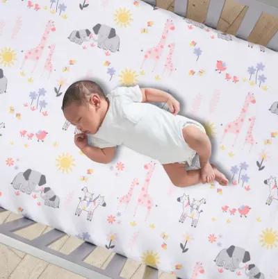 Lambs & Ivy Jazzy Jungle 100% Cotton Safari Baby Fitted Crib Sheet - White