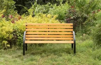 Classical Wooden Slats Outdoor Park Bench with Steel Frame, Seating Bench for Yard, Patio, Garden, Balcony, and Deck