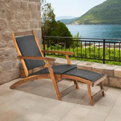 Hivvago Patio Rattan Folding Lounge Chair with Acacia Wooden Frame Retractable Footrest