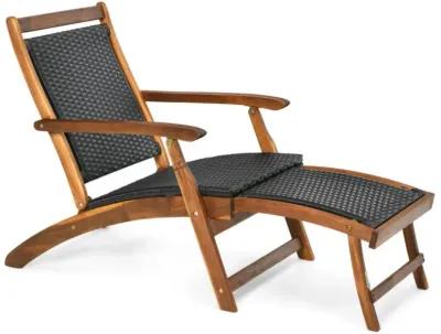 Hivvago Patio Rattan Folding Lounge Chair with Acacia Wooden Frame Retractable Footrest