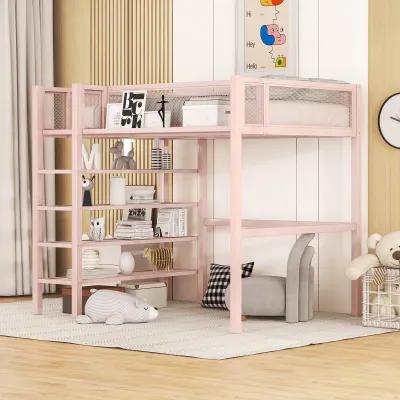 Twin Size Metal Loft Bed With 4Tier Shelves And Storage, Pink