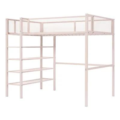 Twin Size Metal Loft Bed With 4Tier Shelves And Storage, Pink