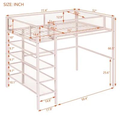 Twin Size Metal Loft Bed With 4Tier Shelves And Storage, Pink