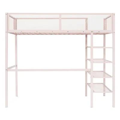 Twin Size Metal Loft Bed With 4Tier Shelves And Storage, Pink