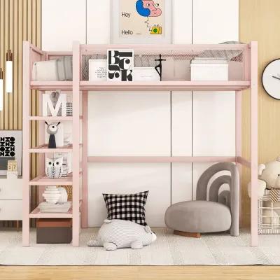 Twin Size Metal Loft Bed With 4Tier Shelves And Storage, Pink