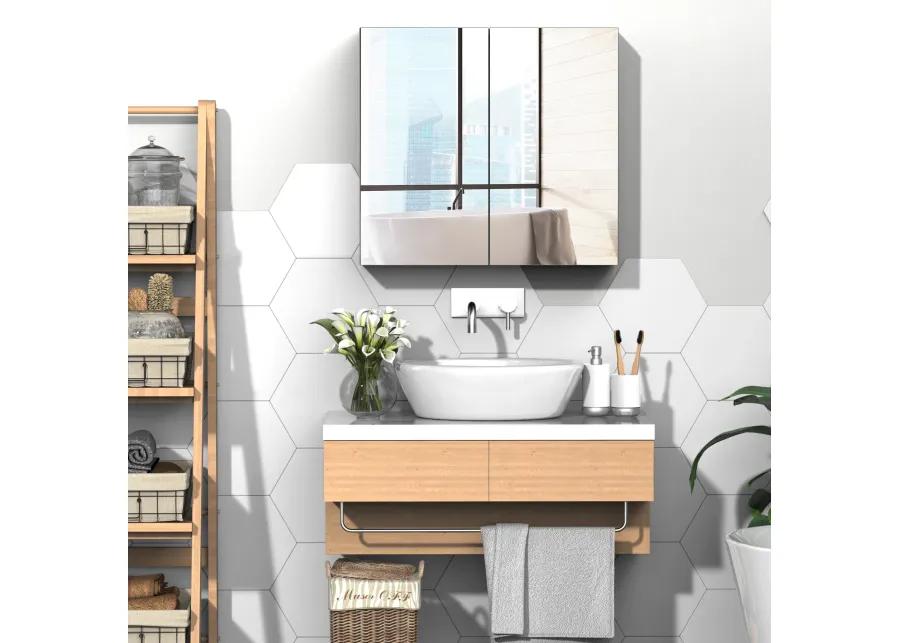 2 Door Floating Restroom Bathroom Vanity Mirror W/3-Tier Storage Shelves 24"x22"