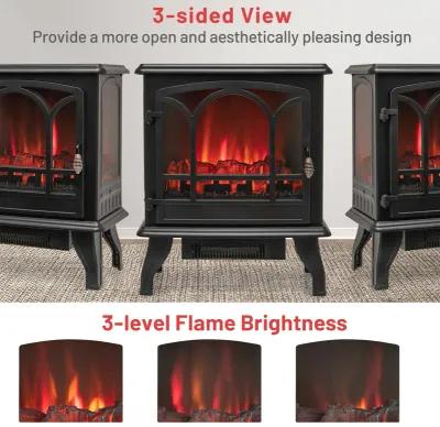 1400W Electric Stove Heater with 3-Level Flame Effect and 3-Sided View-Black