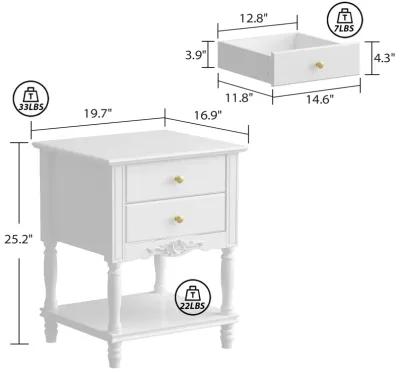 19.7 in. W x 16.9 in. D x 25.2 in. H, White Rectangle Wooden End Table, Dresser, Nightstand with 2- Drawer, Open Shelf