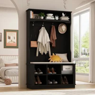 Gray Painted Hall Tree with Shoe Bench, Hanging Hooks, and Storage Cubbies, Entryway