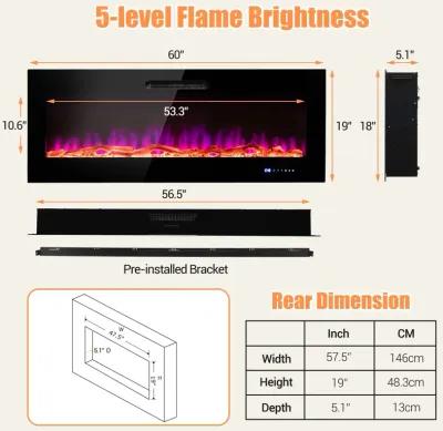 Wall Mounted Recessed Electric Fireplace with Decorative Crystal and Log