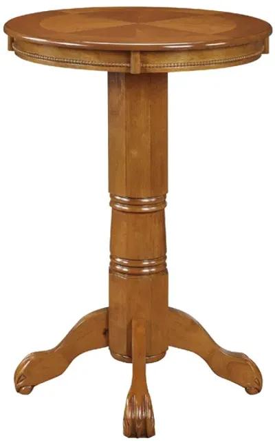 Ava 42 Inch Wood Pub Bar Table, Sunburst Design, Carved Pedestal, Oak-Benzara