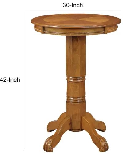 Ava 42 Inch Wood Pub Bar Table, Sunburst Design, Carved Pedestal, Oak-Benzara