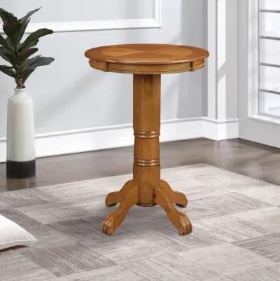 Ava 42 Inch Wood Pub Bar Table, Sunburst Design, Carved Pedestal, Oak-Benzara