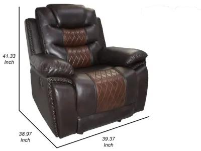 Asher 39 Inch Manual Recliner Chair, Wood, Pocket Coils, Brown Faux Leather - Benzara