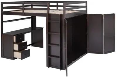 Full Size Loft Bed With Drawers, Desk, And Wardrobe