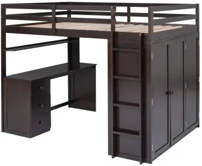 Full Size Loft Bed With Drawers, Desk, And Wardrobe