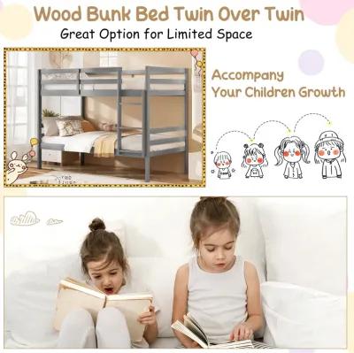 Twin Size Sturdy Wooden Bunk Beds with Ladder and Safety Rail-Grey