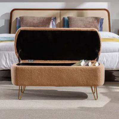 Camel Storage Ottoman Bench For End Of Bed Gold Legs, Modern Camel Faux Fur Entryway Bench