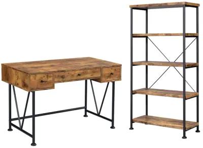 2 Piece Writing Desk with Bookshelf Unit, Rustic Brown, Black Metal Frame - Benzara