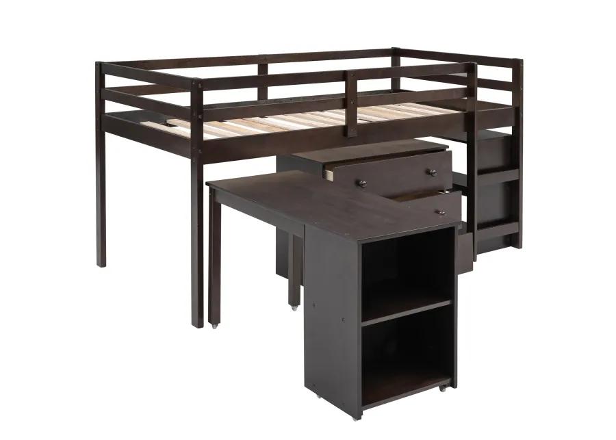 Merax Low Loft Bed with Cabinet and Rolling Portable Desk