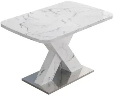 White marble dining table with X-shaped metal legs