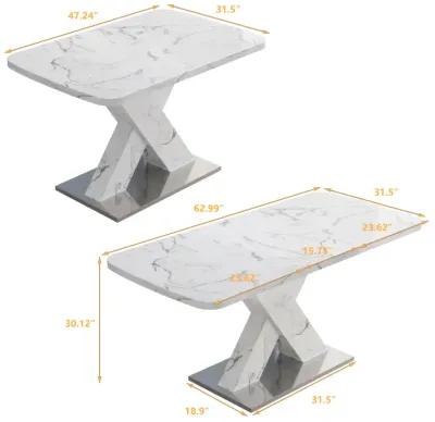 White marble dining table with X-shaped metal legs