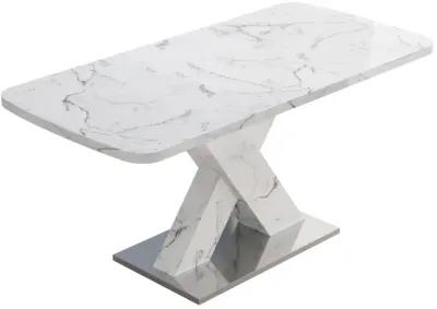 White marble dining table with X-shaped metal legs