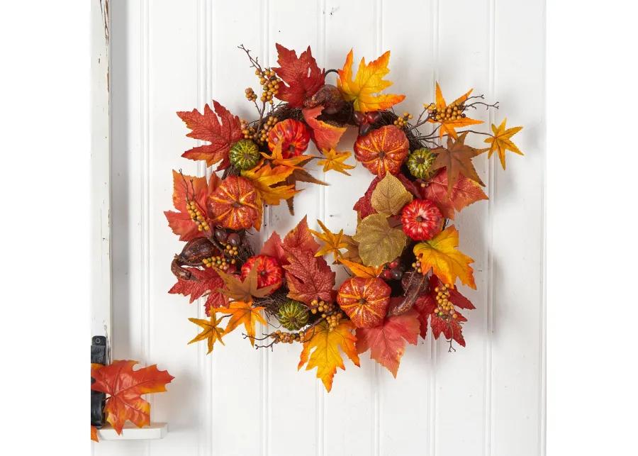 HomPlanti 24" Autumn Pumpkin and Berries Artificial Fall Wreath